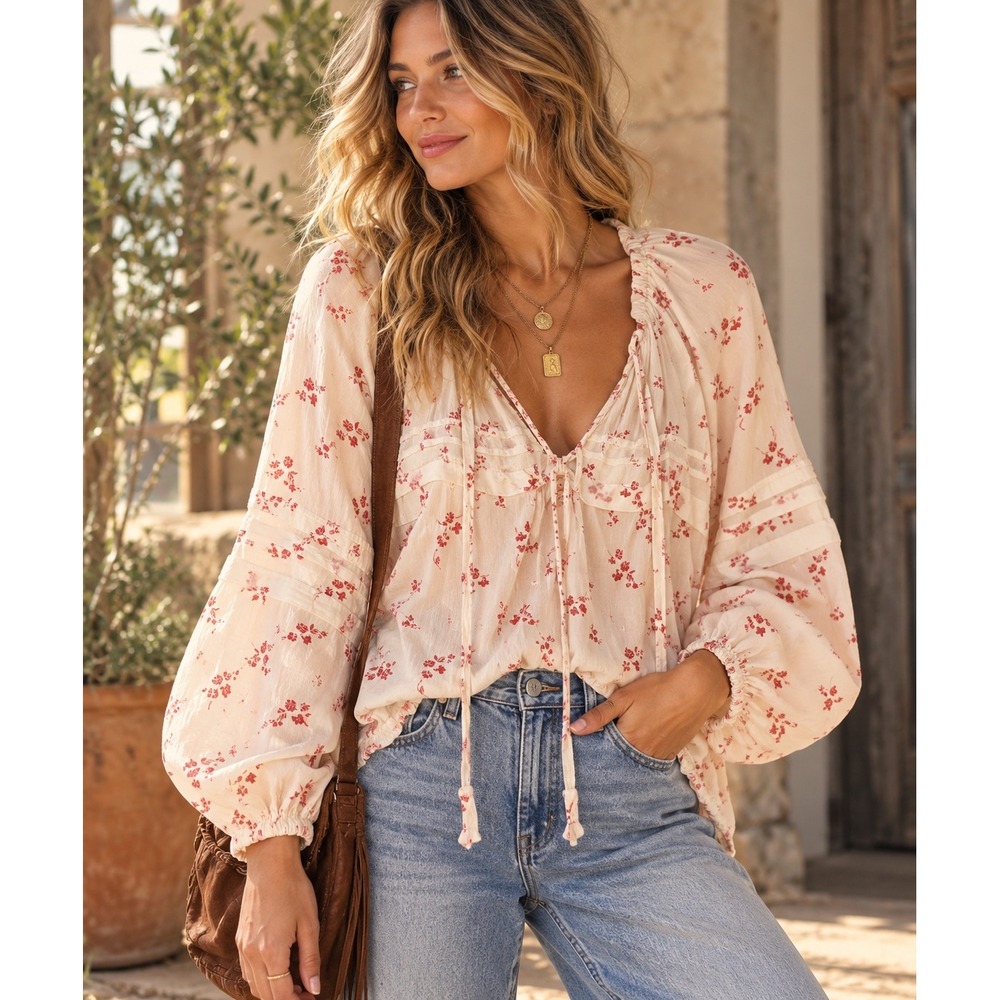 Universal Thread Cream Floral Peasant Blouse Boho Balloon Sleeve Small